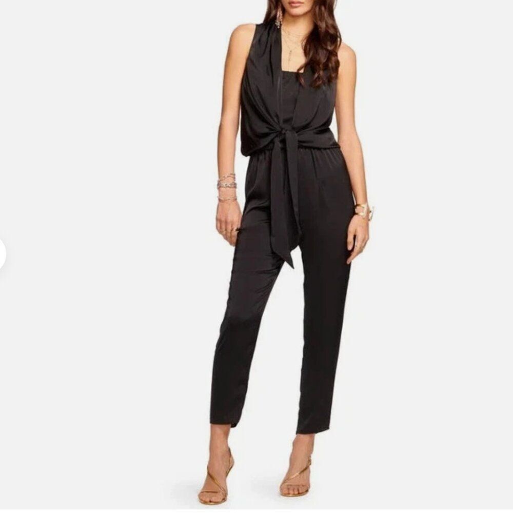 Ramy Brook | Black Dorothy Sleeveless Tie Front Satin Jumpsuit Size Small